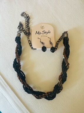 Beaded Necklace Earring Set Black Brown Twist Strand NWT My Style